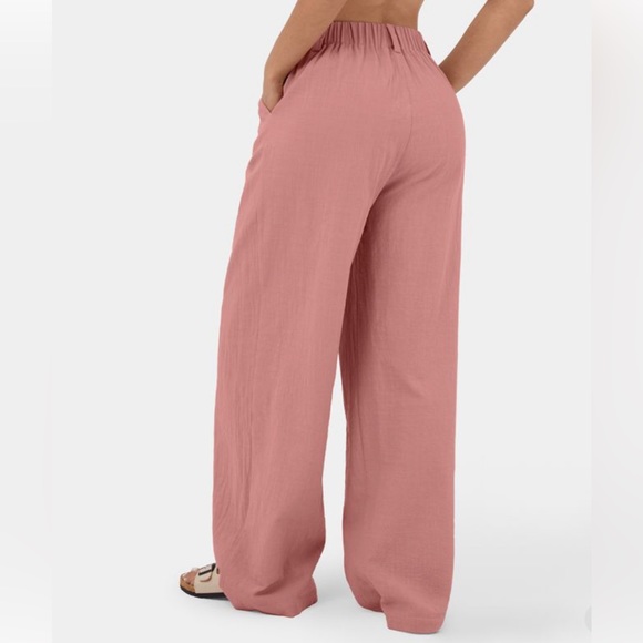 Halara High Waisted Side Pocket Wide Leg Solid Palazzo Casual Cotton Pants - Picture 3 of 9